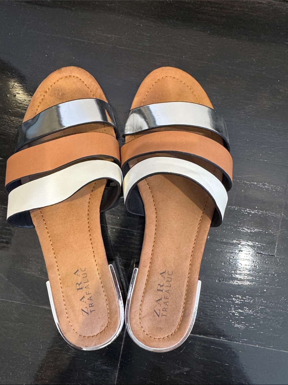 Zara Two-Tone Tan, White & Silver Slide Sandals